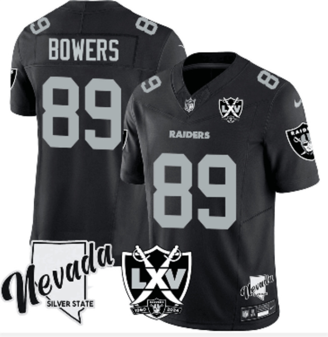 Men's Las Vegas Raiders #89 Brock Bowers Black 2024 F.U.S.E With Nevada Silver Stat Patch And 65th Anniversary Patch Stitched Football Jersey Men's Las Vegas Raiders #89 Brock Bowers Black 2024 F.U.S.E With Nevada Silver Stat Patch And 65th Anniversary Patch Stitched Football Jersey